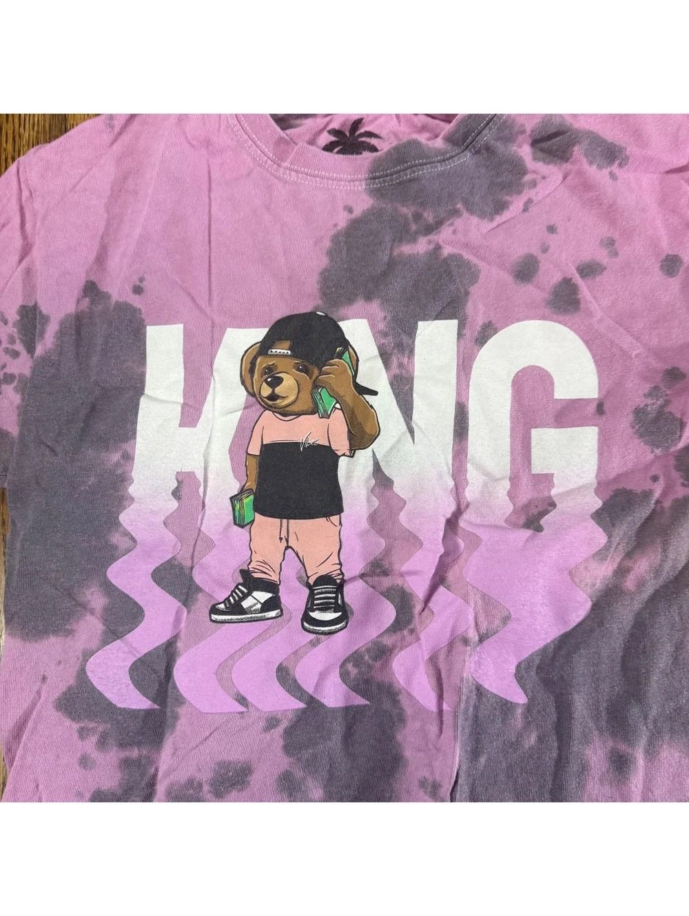 Vibes Boys Medium Pink Purple Tie Dye Streetwear King Drip Bear Graphic T-Shirt